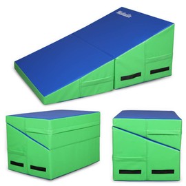 Matladin 32.7"x 23.6"x13.4" Incline Gymnastics Mat, Folding Gymnastics Cheese Wedge Mat, Gym Fitness Tumbling Skill Shape Mat for Kids Girls Home Training Exercise (Blue+Green, Small)