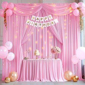 Wish Care 10x10ft Pink Polyester Backdrop Curtains with Lights String for Parties Wedding, Wrinkle Free Photo Shoot Backdrop Drapes for Girls Birthday Bridal Baby Shower Party Background Decorations