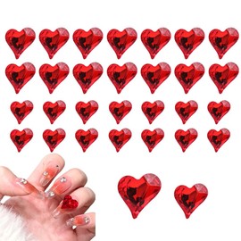 Chisafly Nail Parts, Heart, Large, Set of 30, Nail Stone, Heart, Crystal, Sparkle, 0.3 inch (8 mm), 0.4 inch (11 mm) (Red)