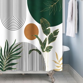 ZJRBJB Mid Century Boho Modern Shower Curtain for Bathroom Abstract Sun Arch Geometric Leaves Minimalist Shower Curtain Set Waterproof Polyester Fabric 72x84 Inches