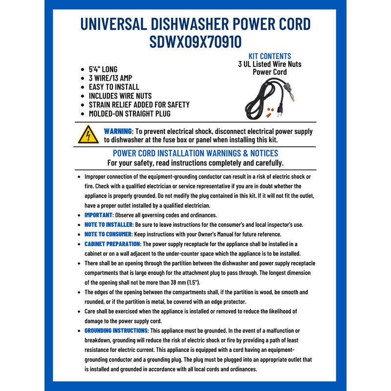 Supplying Demand WX09X70910 WD06X10020 Dishwasher 3 Wire Power Cord Replacement