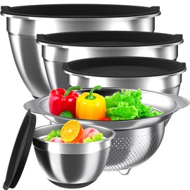 Mixing Bowls with Airtight Lids Set, 4 Stainless Steel Bowls Nesting Bowls & Colander, Kitchen Organizers and Storage Non-Slip Bottom, Size 1.5/2.0/2.5/4.0QT, Great for Mixing & Serving, Black