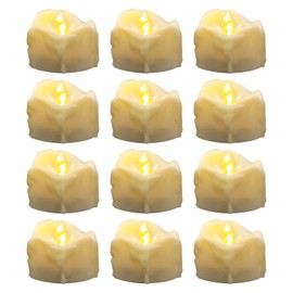 Windshell Warm White Flickering Flame Tea Lights with Timer, Melting Design (Ivory White Base/Plastic), Battery Operated LED Flameless Tealight Candles for Party, Wedding and Holiday, Pack of 12