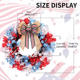 RoseCraft 22inch 4th of July Wreath, Artificial Red White Blue Patriotic Bow Wreaths for Front Door, Memorial Day Independence Day Veterans Day Decor, for Wall Porch Indoor Outdoor Decorations.