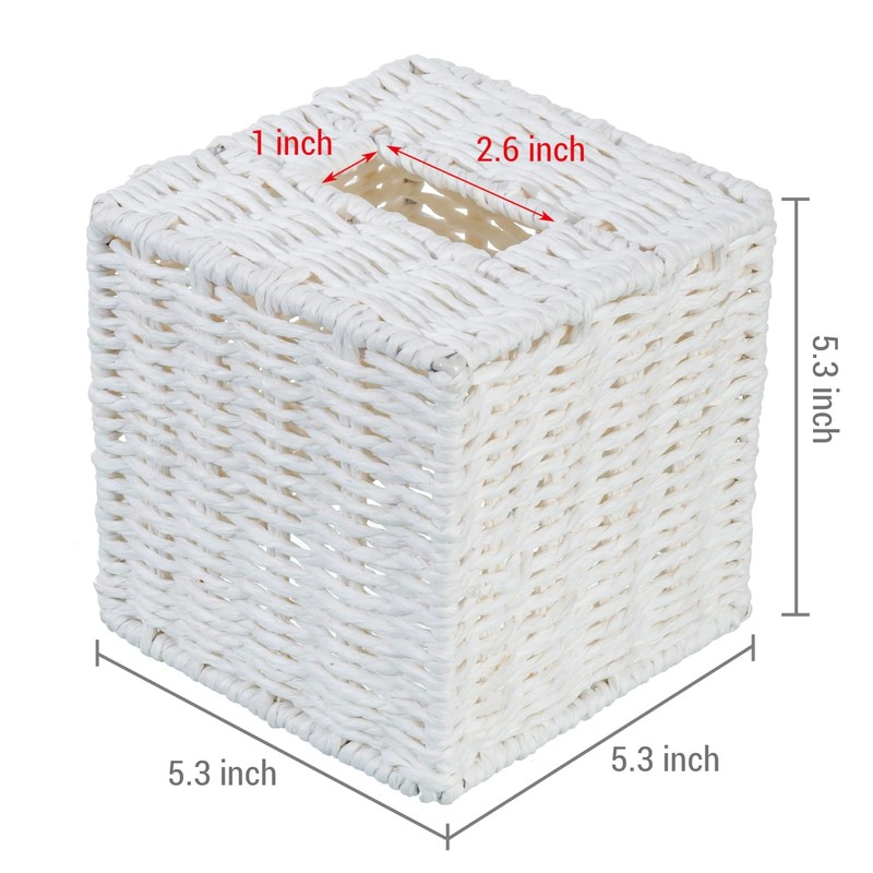 MyGift Decorative White Woven Square Tissue Box Holder with Easy