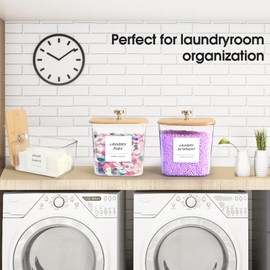 PLOUTA HOME 3 Pack Laundry Room Organization Storage Containers, Plastic Clear Laundry Pods Container & Dryer Sheet Holder Jars with Lids, Scoops & Labels for Detergent, Powder, Dryer Balls, Beads
