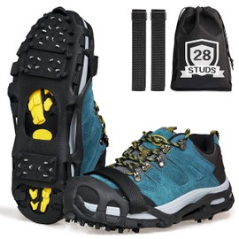 Ice Snow Grips Anti-Slip Spikes 28 Teeth Ice Snow Traction Cleats Crampons Slip on Boots Footwear Winter Outdoor for Hiking Fishing Climbing (Include Velcro Strap, L)