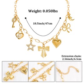NEKOL Gold Bow Charm Necklace for Women 14K Gold Plated Pendant Necklace with Cute Dangle CZ Bowknot Love Heart Lock Key Moon Star Pendant Adjustable Chain Trendy Y2K Party Jewelry Gift for Women