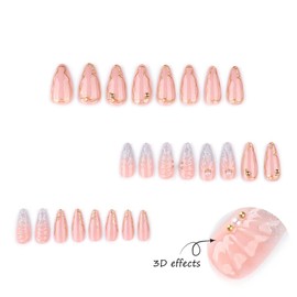 LINMEIZAI 24Pcs Press on Nails Short Almond with 3D Water Drops DesignFake Nails Press ons Nail Tips Glue on Nails Full Cover Acrylic Nail Kit False Nails Stickers Nail Art for Women Manicure