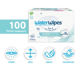WaterWipes Sensitive+ On The Go Wipes, 100 Pack (10 Packs), 3-in-1 Cleans, Nourishes, Protects, 99.9% Water, Unscented Wet Wipes