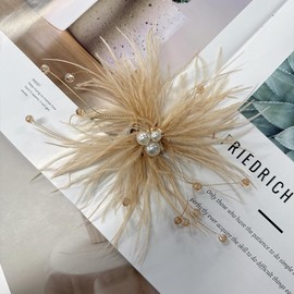 Elegant Feather Flower Pearl Cz Large Brooch Pin for Women Men Rhinestone Crystal Floral Lapel Pins Wedding Party Banquet Dress Suit Clothes Accessories Fashion Jewelry 180mm (Khaki)