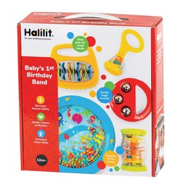 Halilit Baby's First Birthday Band Musical Instrument Gift Set. Includes Ocean Drum, Baby Maraca, Ring My Bell, Rainboshaker & Clip Clap. Music Sensory Baby Toy. Suitable for Boys & Girls 12 months +
