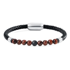 COAI Men's Leather Onyx Red Tiger Eye Stone Beaded Bracelet