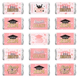 URROMA Pink Graduation Decor Sticker, 160Pcs Congrats Mini Candy Bar Wrapper Class of 2024 Stickers Party Supplies College High School Grad Celebration