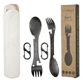 EcoSlurps 2 Spork Travel Cutlery Set - Stainless Steel Sporks with Eco-Friendly Travel Case and Carry Clip - British Brand (2 Sporks)