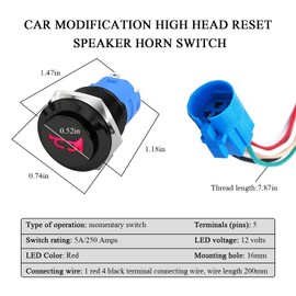 FSTURIOS 16MM Raised Speaker Horn Momentary Push Button Switch, 5/8" Mounting Hole 1NO 1NC SPDT with Pre-Wiring Switch, 12V LED Horn Switch with Stainless Steel Shell for Car (Red)