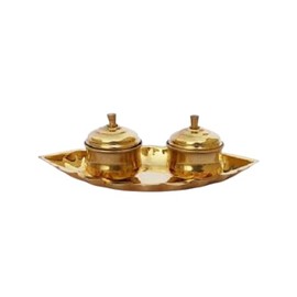 passpass Brass Chandan Roli Tika Chopda Set/Chawal Akshat Haldi Dibbi/Kumkum Holder Box with Lid and Attached with thali/Puja thali Brass