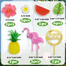 Decoraciones para tartas de flamenco, decoración de pasteles de verano, piña e hibisco, flor de palma, decoración para tartas tropicales hawaianas, playas, luau, suministros para fiestas temáticas