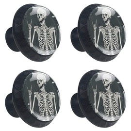 4 Pcs 35mm Rock and Roll Skull Skeleton Cabinet Knobs Round Crystal Glass Drawer Handles Pull with Screws for Home, Office, Kitchen, Bathroom Cabinet, Dresser and Cupboard (1-3/8 Inches)
