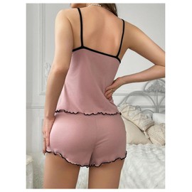 WDIRARA Women's Cartoon Bear Pajama Set 2 Piece Lettuce Trim Cami Top and Bow Shorts Sleepwear Dusty Pink Medium