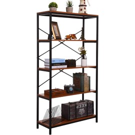 BATHWA Bookshelf, 5-Tier Industrial Bookshelves, Wood and Metal Bookcase, Free Standing Storage Vintage Bookshelf for Living Room, Bedroom and Home Office, Rustic Brown