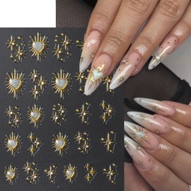 3 Sheets Star Nail Stickers for Nail Art 5D Embossed Gold Nail Decals with Heart Rhinestones Star Design Manicure Supplies Aurora Heart Metallic Star Nail Art Stickers for Women DIY Decor Accessories