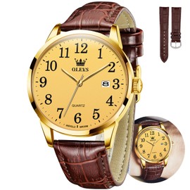 OLEVS Brown Leather Wactes for Men,Classic Leather Watch Men with Date,Mens Leather Watch,Gold Face Watch for Men,Leather Mens Dress Watches,Mens Watches Leather Band Easy to Read,Reloj para Hombre