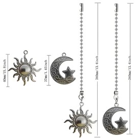 Silver Sun and Moon Zipper Extensions for Ceiling Fans and Lamps, with Ball Chain connectors, 30.48 cm Totem Bohemian Pendant Extender Decorations, 2 Pieces. (Silver)