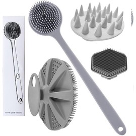 Set de 4 Cepillos de Baño de Silicona, Cepillo Corporal con Mango Largo, Cepillo Facial, Cepillo para Champú, Cepillos de Masaje con Cerdas Suaves,No hace falta pedir ayuda para un masaje en la espalda. (Gray)