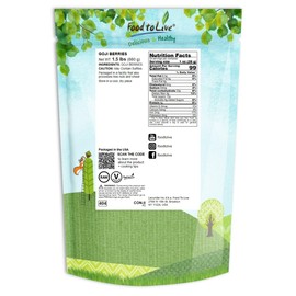 Food to Live Goji Berries, 1.5 Pounds Sun-Dried, Large and Juicy, Unsweetened, Vegan, Bulk. High in Iron, Vitamins A, and C. Fruit Snack. For Baked Goods, Tea, Smoothie, Yogurt, Oatmeal.
