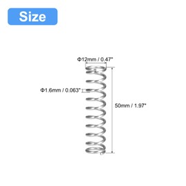 sourcing map Compression Spring, 5Pcs 304 Stainless Steel, 12mm OD, 1.6mm Wire Size, 50mm Free Length, Silver Tone