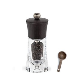 Peugeot - Oleron Manual Mill Pepper Mill - Transparent Adjustable Grinder - Acrylic and Beechwood, Chocolate, 5.5 Inches - With Wooden Spice Scoop Spoon
