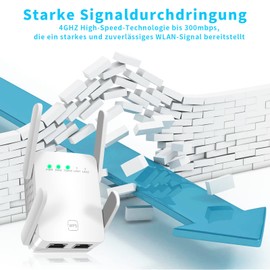 WLAN Amplifier, 300 Mbit/s WLAN Repeater, 2.4 GHz WiFi Repeater with LAN Connection, Coverage up to 200 m², Compatible with Alexa, Standard Routers