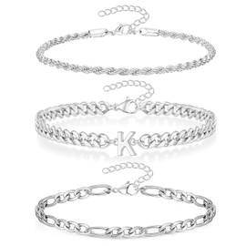 ZENGSING Men's Bracelet with Letters, 3 Pcs Chain Bracelet for Men Women, Silver Stainless Steel Bracelets, Hip Hop Bracelets with Initial Letter, Gift for Dad Son Brother Boyfriends (Silver K)