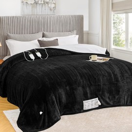 greenoak Heated Blanket Electric Queen Size 84"X90" Dual Control, Heating Blanket 10 Heat Levels 1/2/4/6/8 Hours Auto-Off Overheat Protection, Soft Sherpa Warm Blanket, ETL Certified Lacquered Black