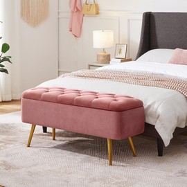 Yaheetech Storage Bench, Velvet End of Bed Bench, 42 Inch Ottoman Bench with Gold Legs, Window Bench for Living Room Bedroom Entryway, Pink