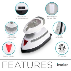 Ivation Travel Steam Iron | Mini Dual Voltage Dry Iron & Clothes Steamer with Nonstick Soleplate, Temperature Control & Indicator Light | Heats in Seconds, Small & Compact, ETL Certified, 1.3 Lbs.