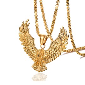 Fusamk Punk Rock Stainless Steel Animal Eagle Tag Pendant Wings Necklace(Gold)