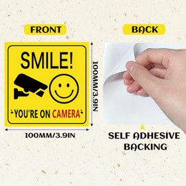 5-teiliges Schild „Smile You Are On Camera“, selbstklebendes CCTV-Schild, reflektierender Vinyl-CCTV-Aufkleber für den Außenbereich zum Warnen/Benachrichtigen von Besuchern oder Kunden (10cmx10cm)