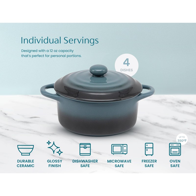 Kook Ceramic Mini Cocotte Set, Small Casserole Dishes with Lids