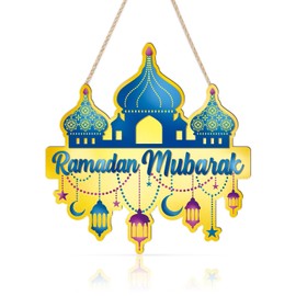 LHIEUM 11in Vintage Ramadan Mubarak Decoration Eid Mubarak Lights Hanging Sign Moon Stars Islamic Ramadan Wreath Front Door Ramadan Castle Crafts Muslim Symbol Wood Decor for Living Room Prayer Room