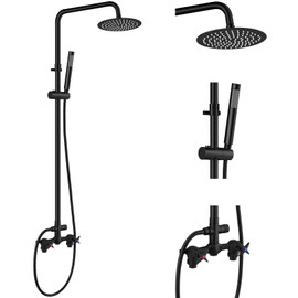 Aolemi Outdoor Shower Kit Outdoor Shower Fixtures Faucet System 2 Handle with 8 Inch Rainfall Shower Head and Handheld Sprayer Exposed Shower with Adjustable Height Shower Pipe Matte Black