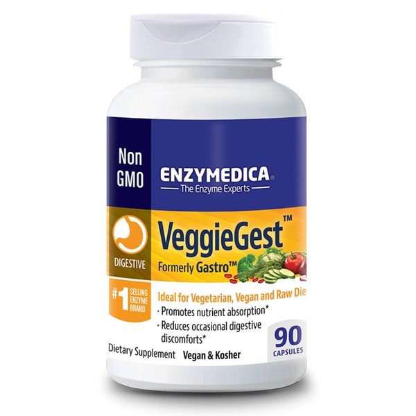 Enzymedica VeggieGest, Digestive Enzymes for Vegan, Vegetarian and Raw Diets, Prevents Gas and Bloating, 90 Capsules (FFP)