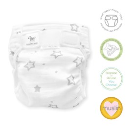 SmartNappy Cotton Muslin by Amazing Baby, NextGen Hybrid Cloth Diaper Cover + 1 Tri-fold Reusable Insert + 1 Reusable Booster, Stargazer, Gray, Size 2, 8-15 lbs
