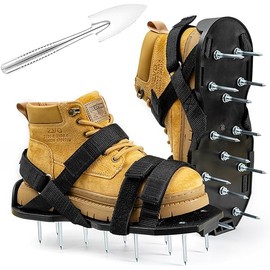 Lawn Aerator Shoes Free-Installation Grass Aeration Shoes with Stainless Steel Shovel, Heavy Duty Lawn Aerator Spike Shoes Lawn Aeration Tool with Hook & Loop Strap for Yard & Patio Black
