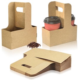 2 Cup Disposable Drink Carrier for Delivery with Handle, 10 Kraft Paperboard Cup Holder, Cup Carriers for Hot or Cold Drinks, to Go Coffee Cup Holder for Food Delivery Brown