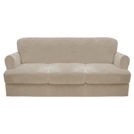 CUCRAF T Cushion Sofa Cover 4 Piece Slipcovers, Soft Thick Velvet Couch Cover for Living Room, Washable High Stretch Furniture Protector with 3 Cushion Slipcover, (Sofa, Ivory)