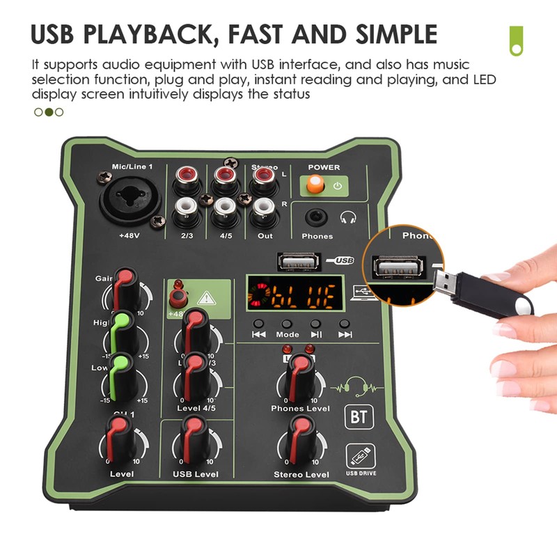 Audio Mixer, 5-Channel Compact Audio Mixer Sound Mixing Console 48V