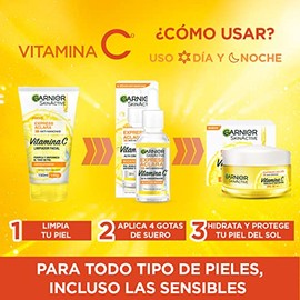 Kit Garnier Express Aclara Rutina anti manchas con Vitamina C Sérum facial, crema hidratante y gel limpiador, 3 piezas. Hidrata, ilumina y unifica el 