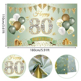 80th Birthday Banner Women Men Decoration Green Gold 80 Background Banner 80 Years Birthday Banner Extra Large Fabric Sign Poster for 80th Birthday Party Decoration